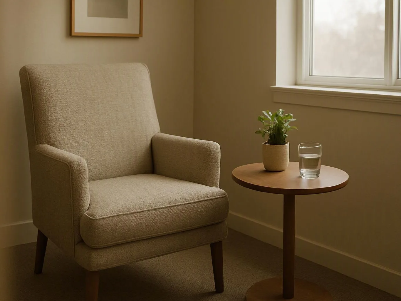 A beige armchair sits beside a round wooden table with a plant and glass by a window
