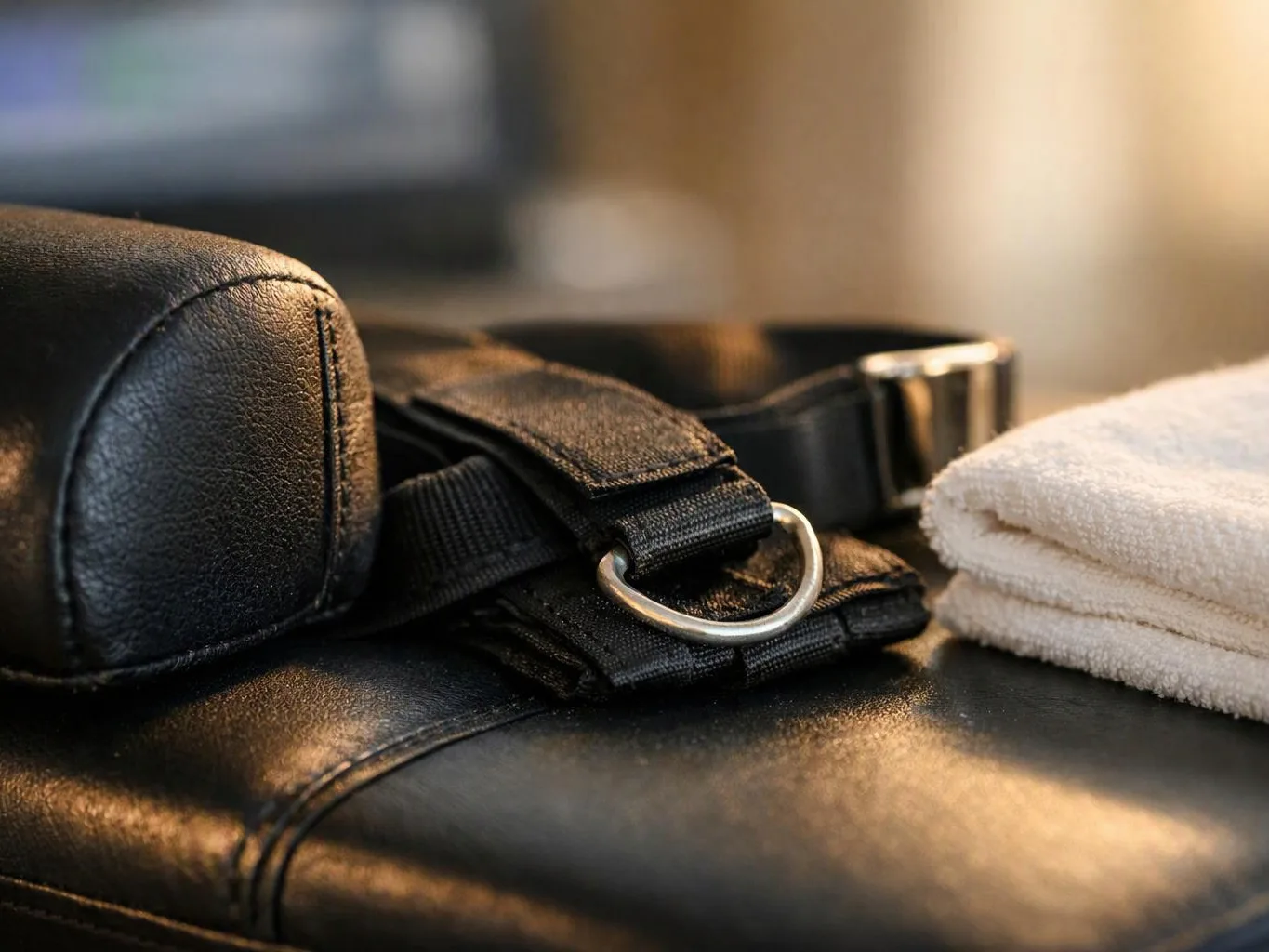 Black leather straps with a metal ring rest beside folded white towels on a padded bench