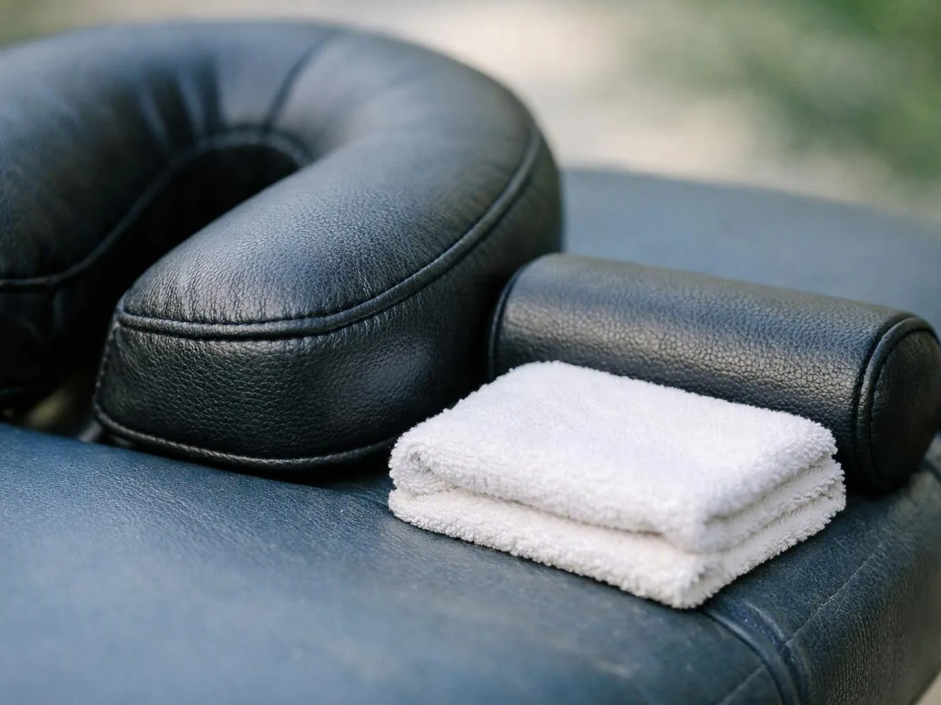 A black neck pillow, folded white towel, and black bolster rest on a blue leather lounge chair