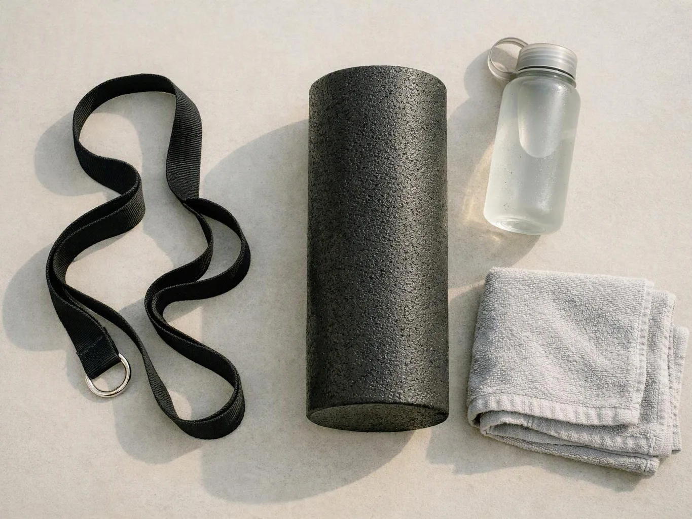 A black strap, foam roller, water bottle, and folded towel are arranged on a light surface