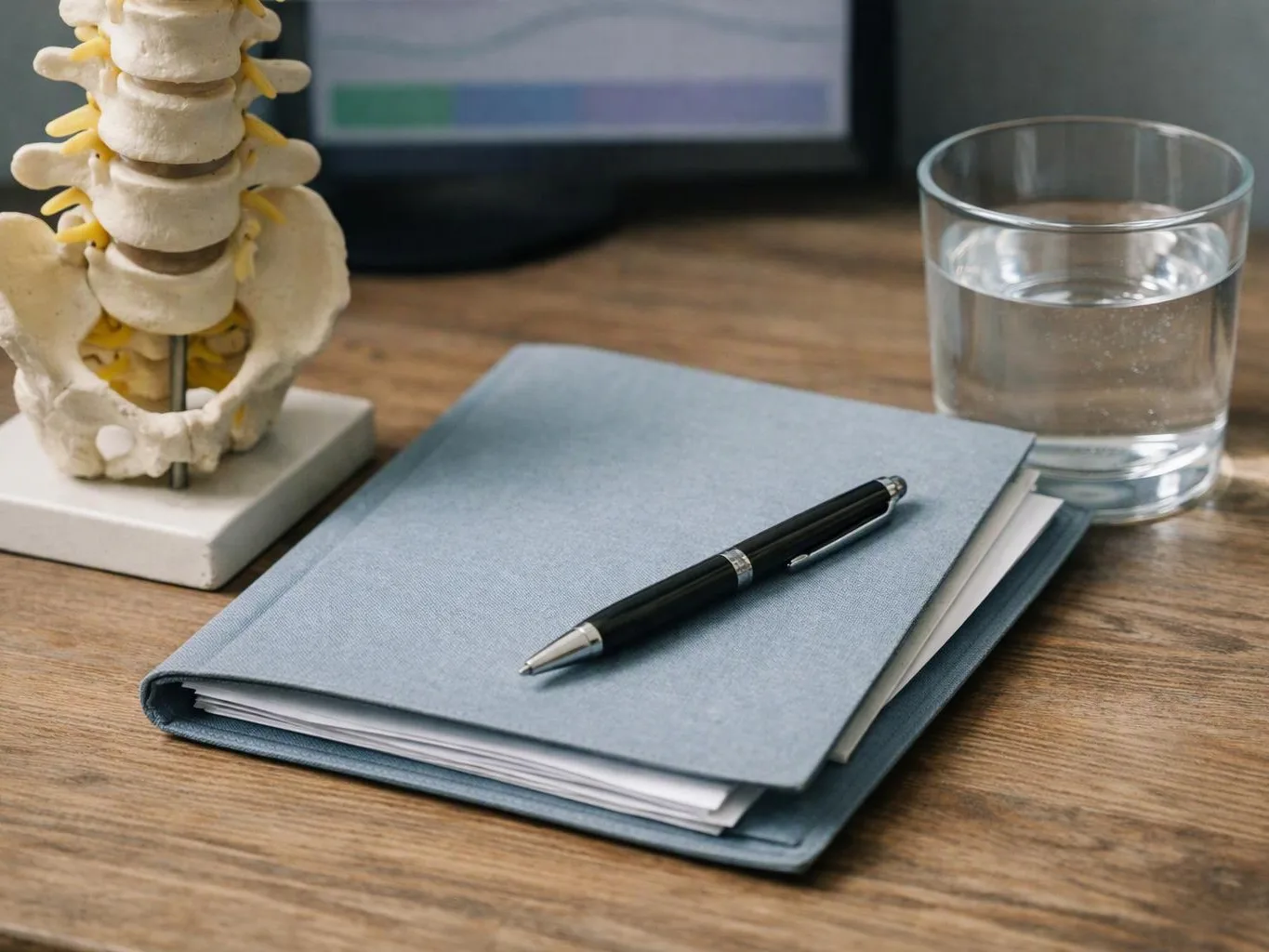 A blue notebook with a black pen sits beside a glass of water and a spine model on a wooden desk