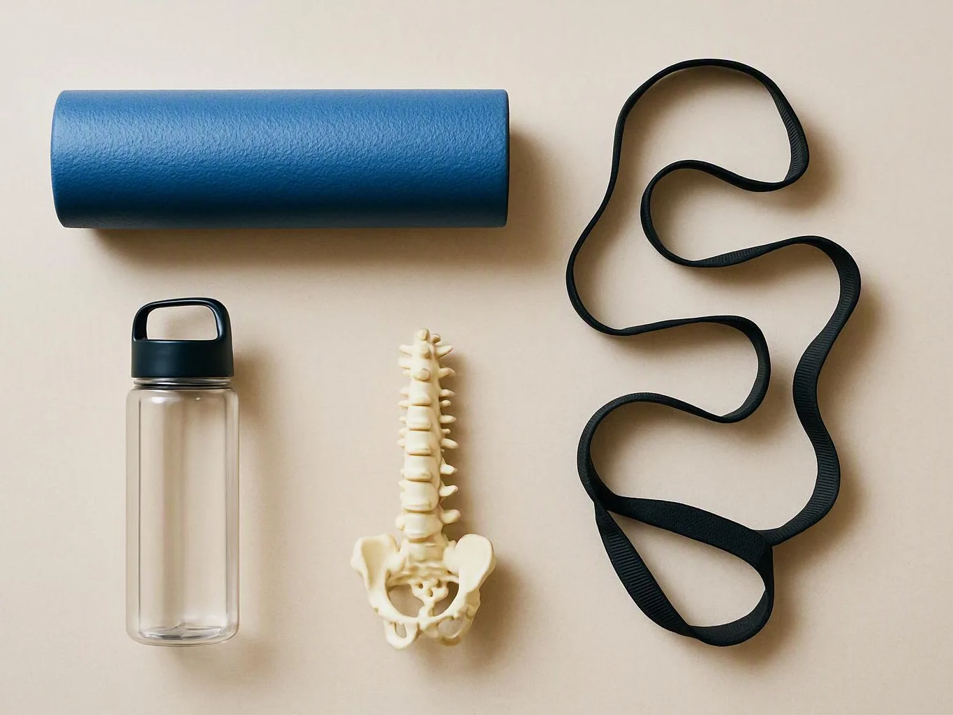 A blue yoga mat, a clear water bottle, a small spine model, and a black strap lie on a beige surface