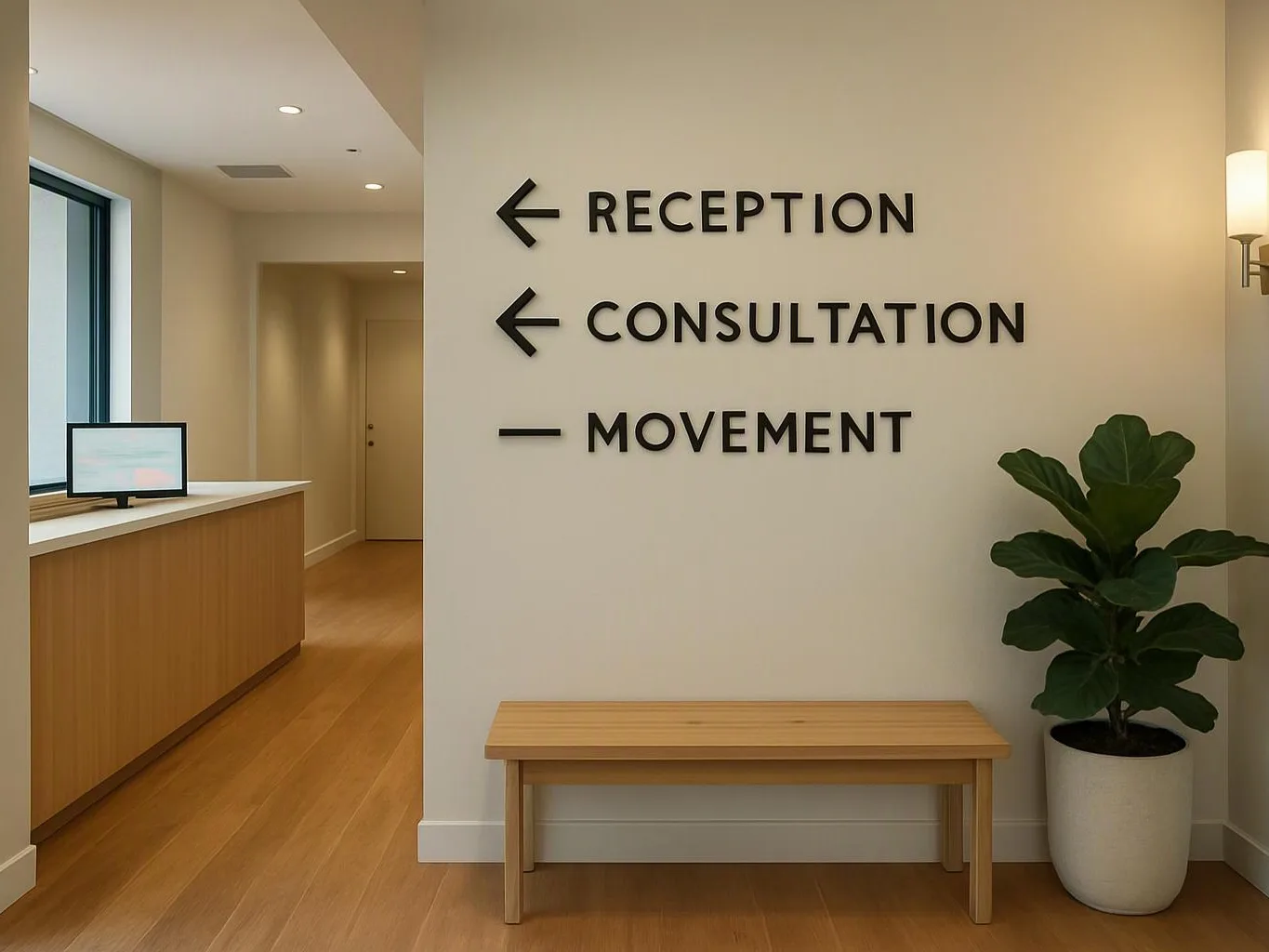 A bright hallway shows wall signs for reception, consultation, and movement beside a bench and potted plant