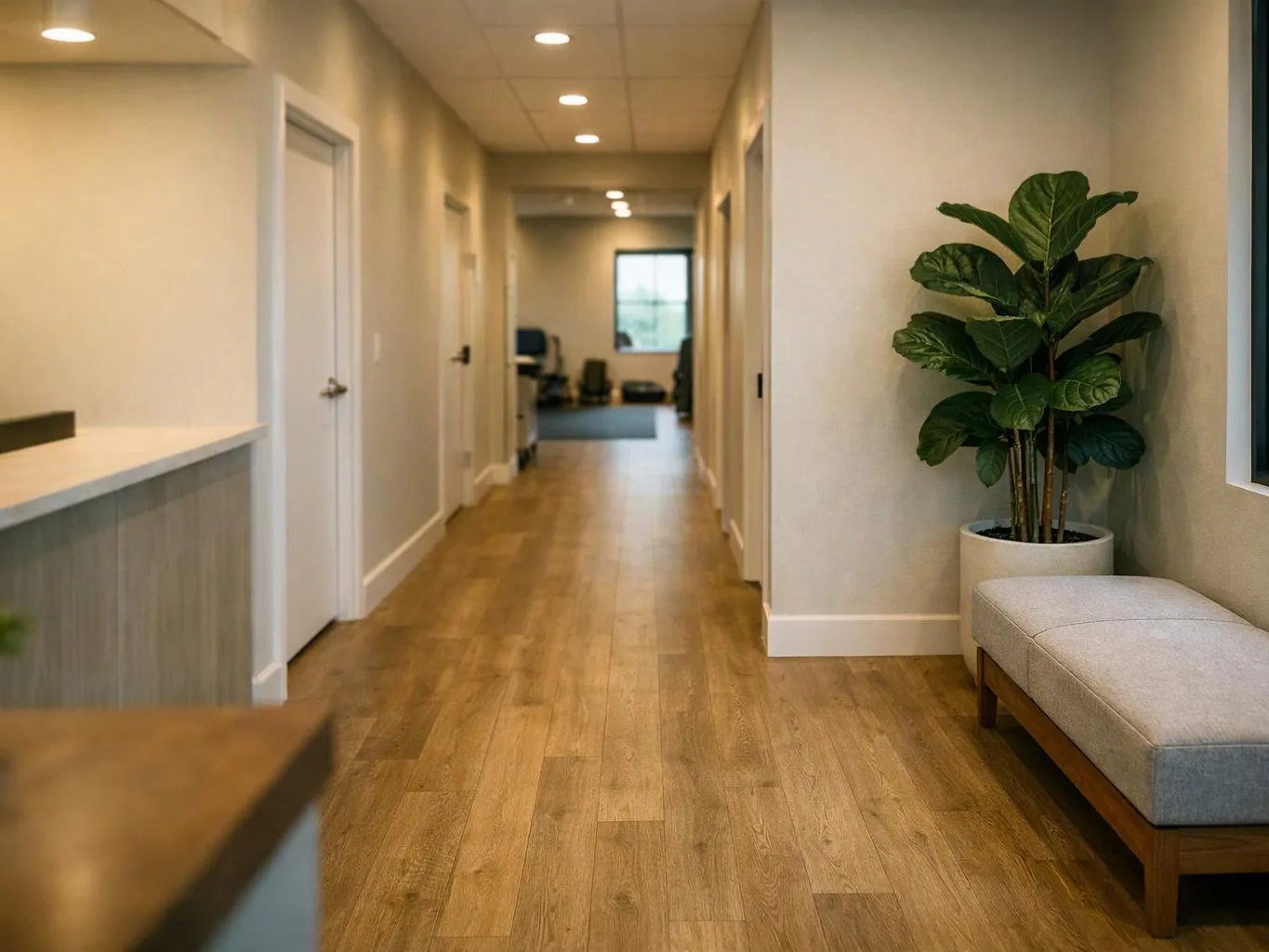 A bright office hallway with wood floors, white doors, a potted plant, and a gray bench