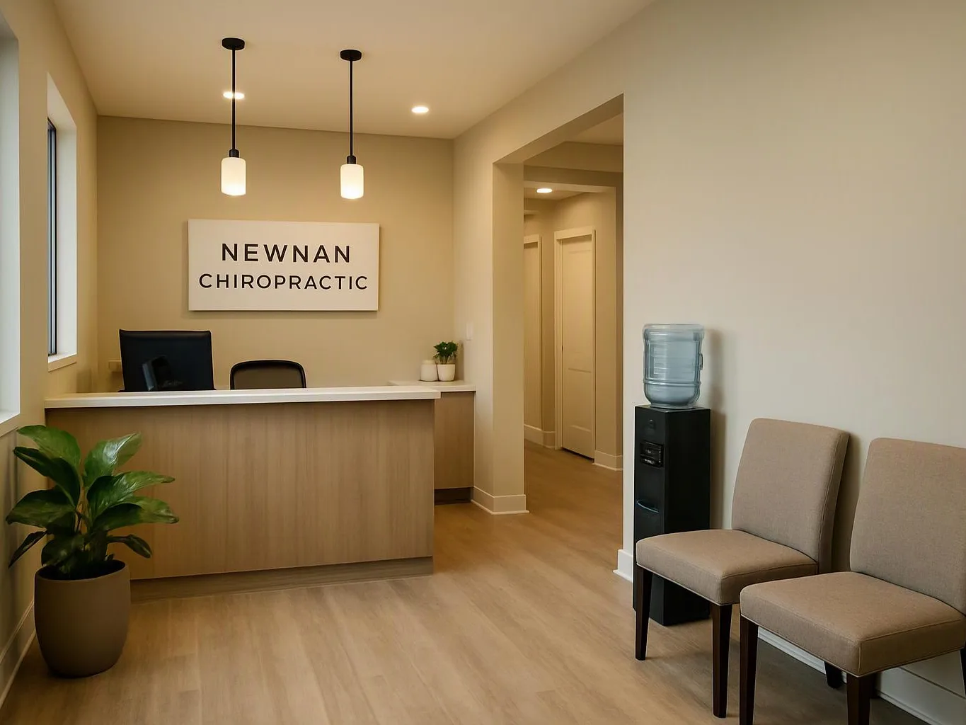A bright waiting room shows a reception desk, chairs, a water cooler, and a sign reading "NEWNAN CHIROPRACTIC"