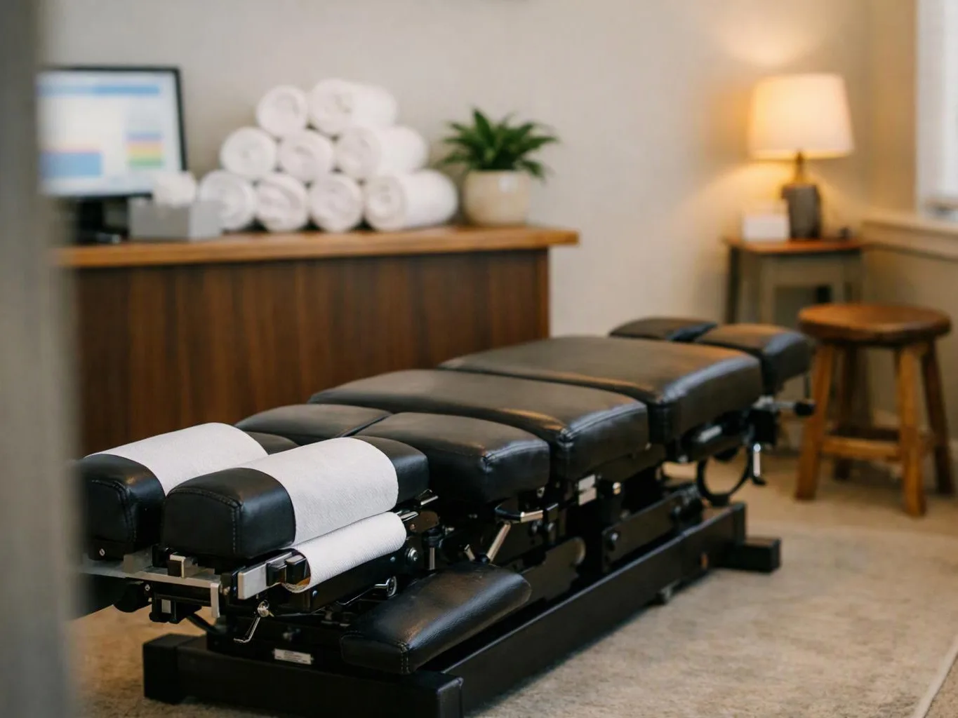 A chiropractic treatment table sits in a quiet room with rolled towels, a lamp, and a wooden counter