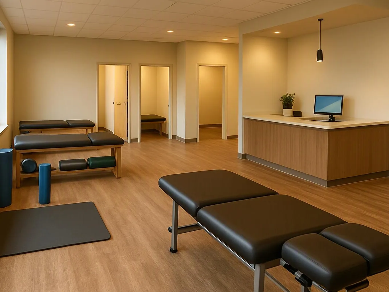 A clean therapy room shows padded treatment tables, a reception desk, and open doorways under warm ceiling lights