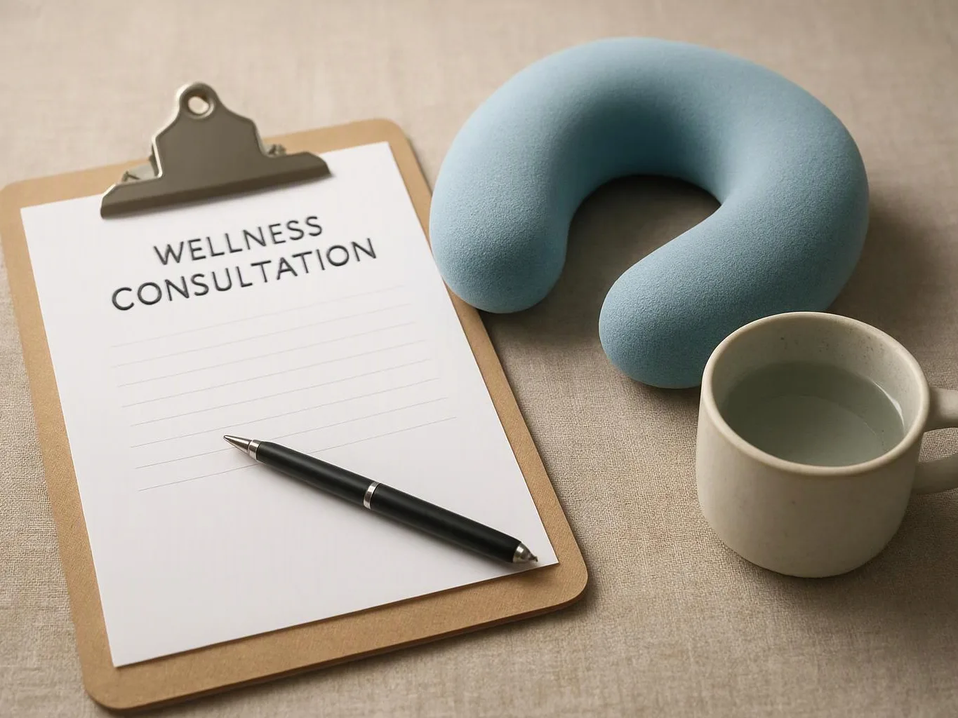 A clipboard with “WELLNESS CONSULTATION,” a pen, a neck pillow, and a mug sit on a beige fabric surface
