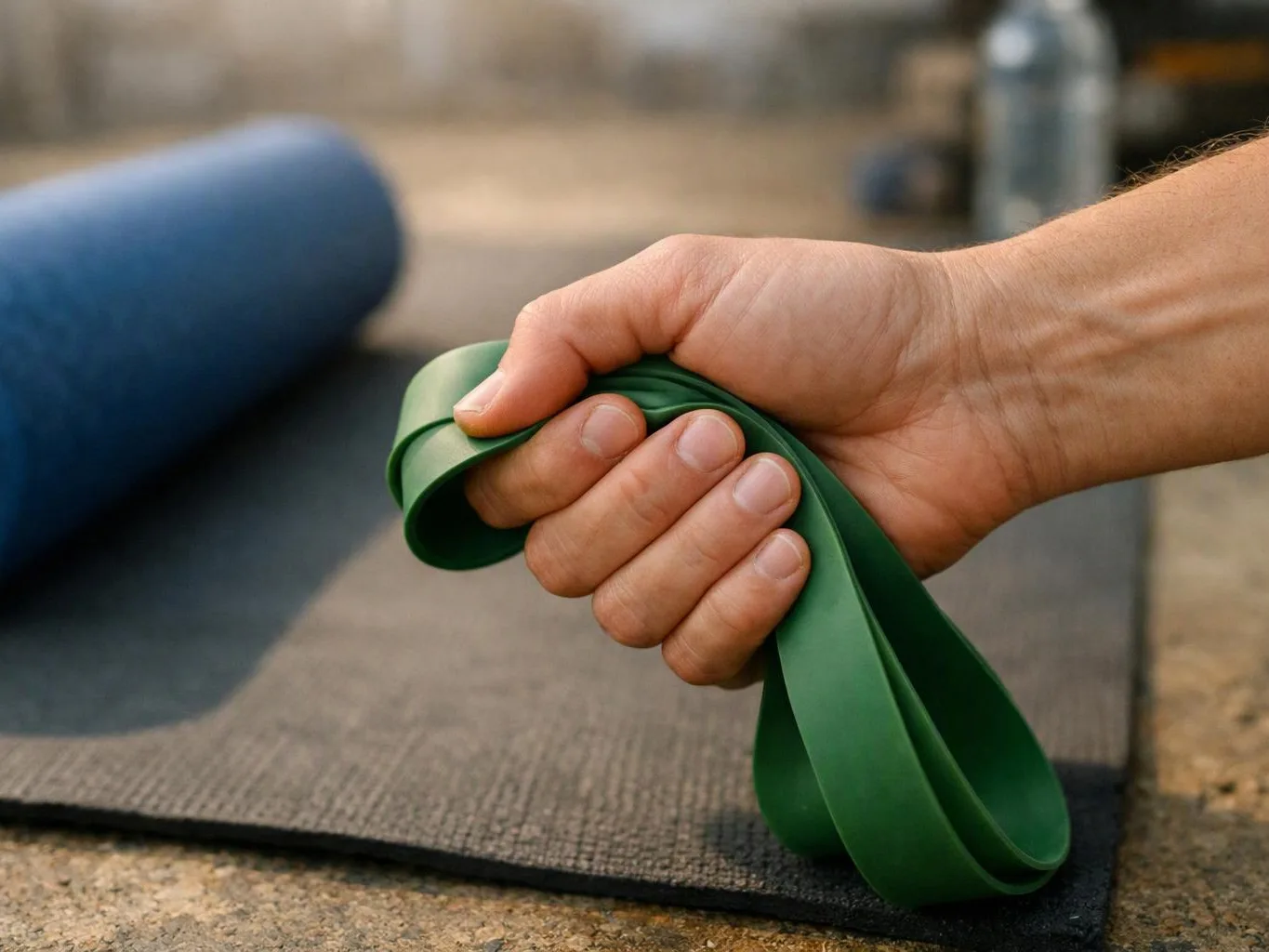 A close-up hand grips a green resistance band on a yoga mat outdoors