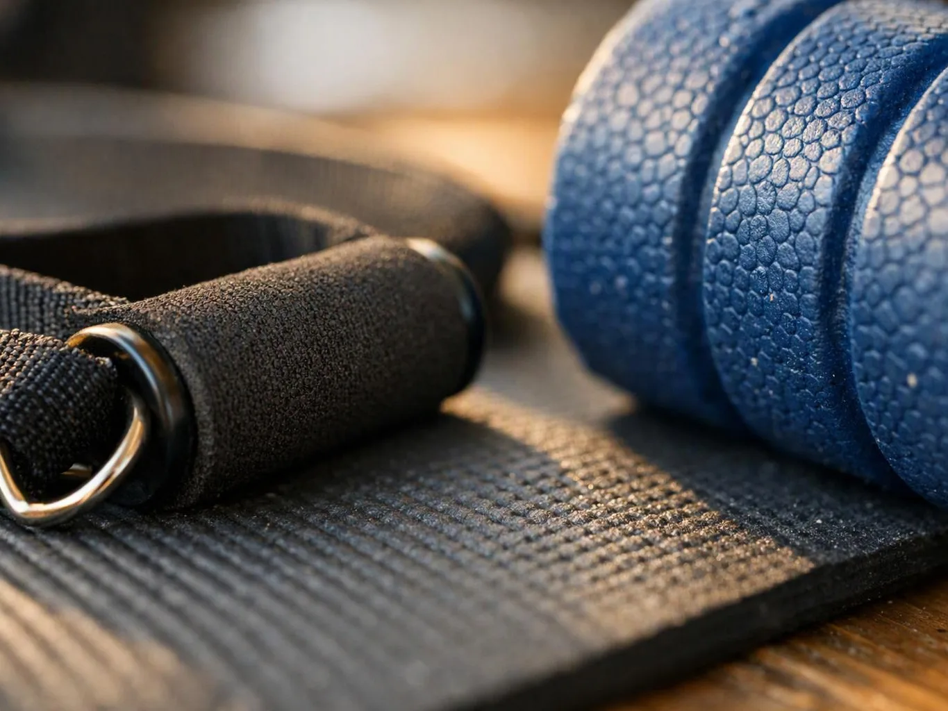 A close-up shows a black exercise strap and a blue textured foam roller on a mat