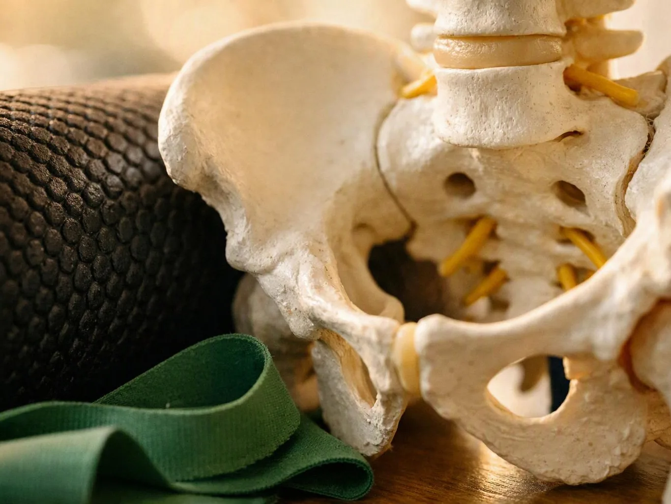 A close-up shows a human pelvis model beside a black textured ball and a green resistance band on a wooden surface