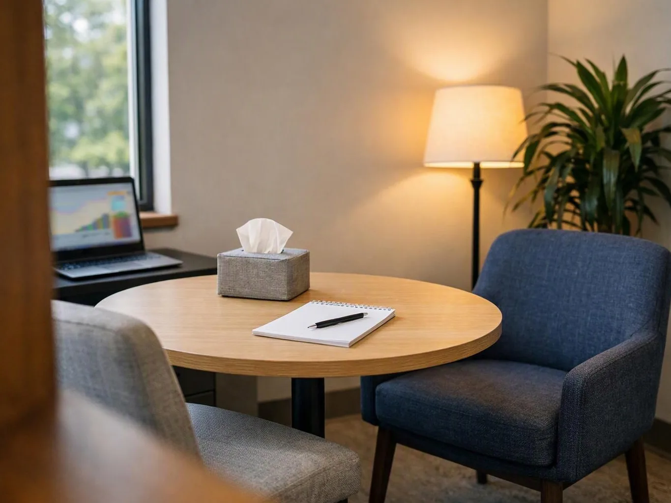 A cozy office corner shows a round table with a notebook, pen, tissue box, laptop, lamp, and two chairs