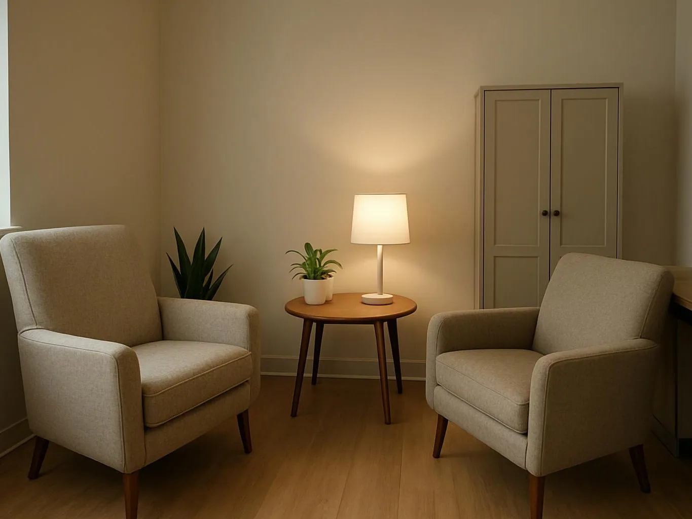 A cozy room holds two beige armchairs, a small round table with a lit lamp, and two potted plants