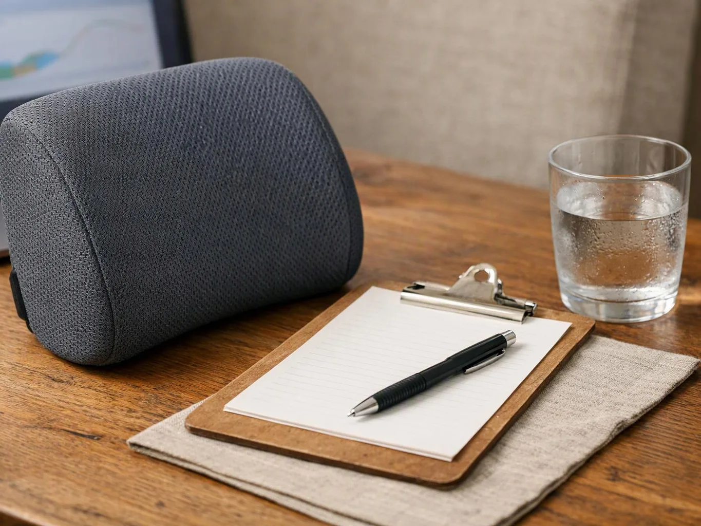 A dark gray cushion, clipboard with pen, and water glass sit on a wooden table