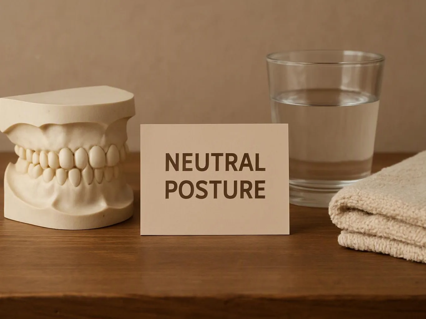 A dental model, a card reading “NEUTRAL POSTURE,” a glass of water, and folded towel sit on a wooden table