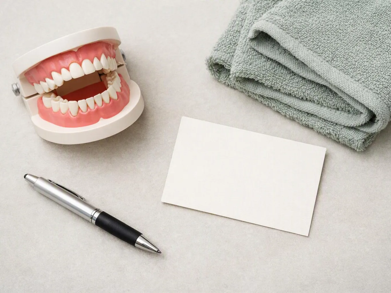 A dental model, folded towel, blank card, and pen sit on a light tabletop
