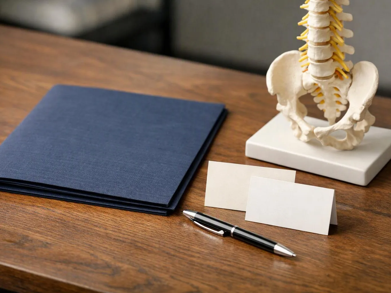 A desk holds a blue folder, blank cards, a pen, and a small spine model on a stand