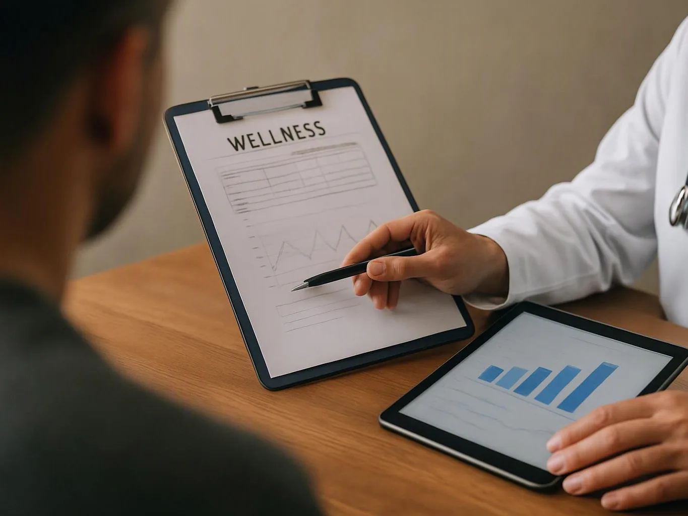 A doctor points at a clipboard labeled "WELLNESS" while showing a bar chart on a tablet across a desk