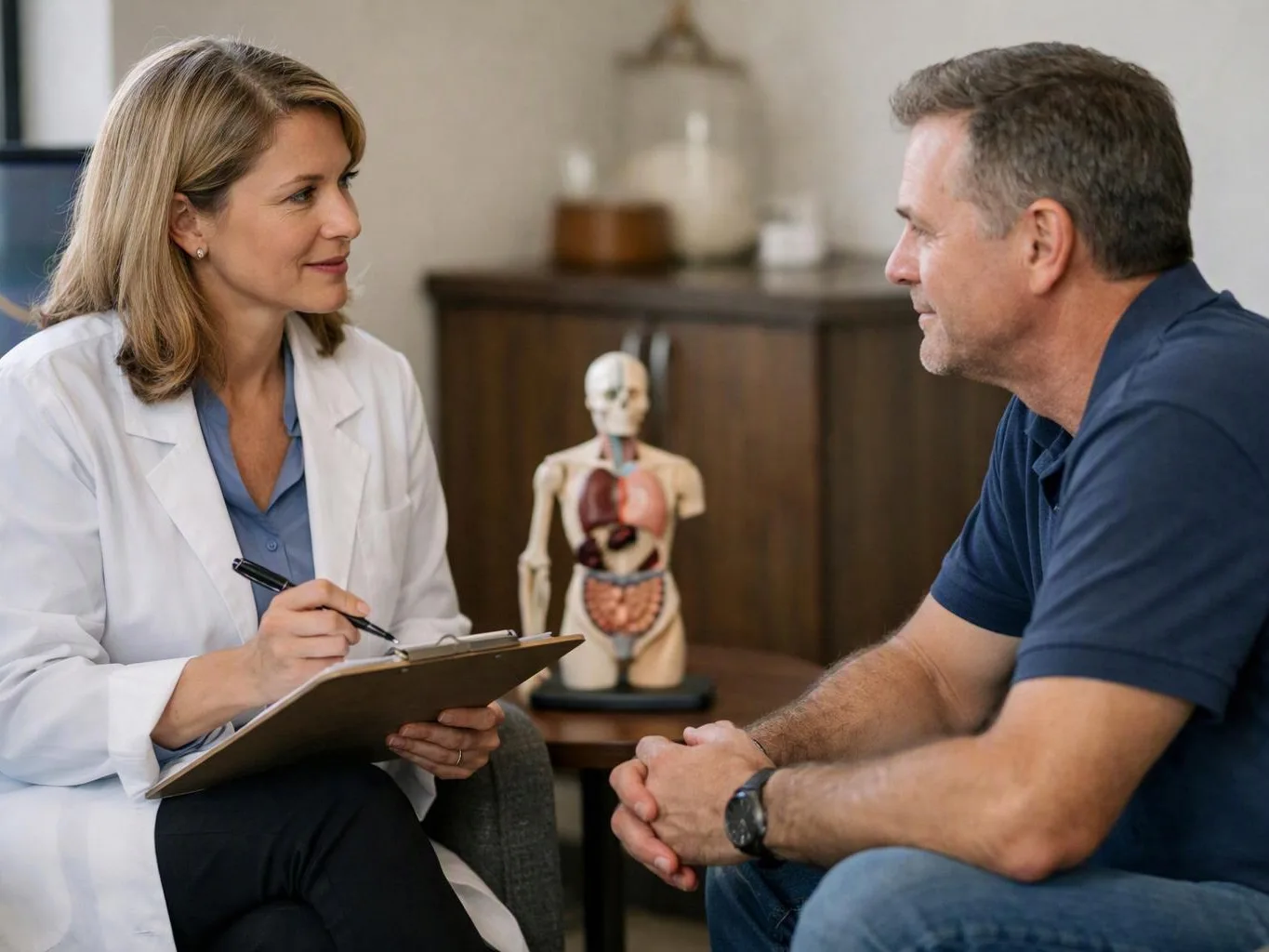 A doctor talks with a seated man in a clinic room, holding a clipboard beside a torso anatomy model