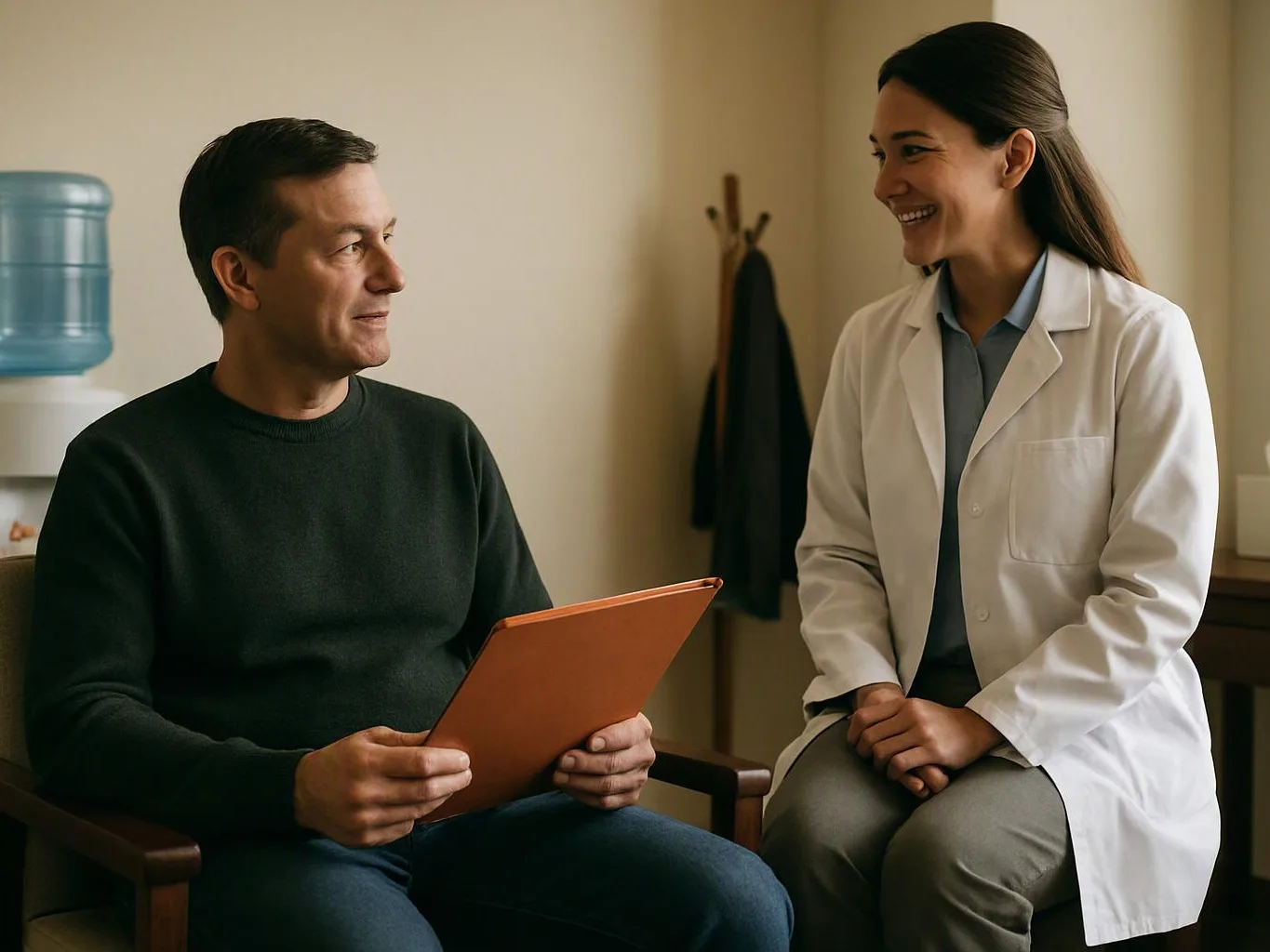 A doctor in a white coat smiles at a seated man holding an orange folder in a clinic room