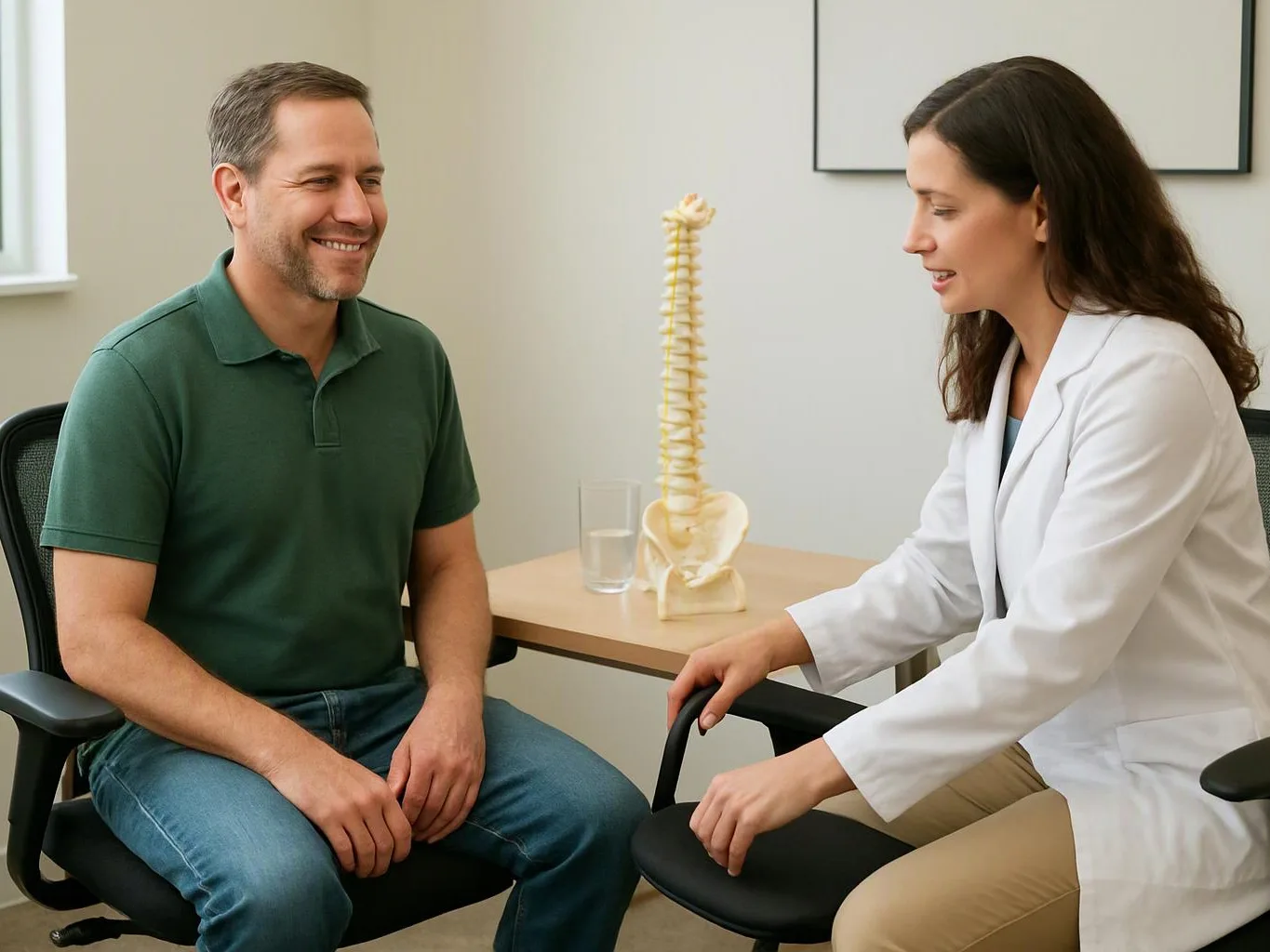 A doctor in a white coat talks with a smiling man beside a spine model in a clinic room
