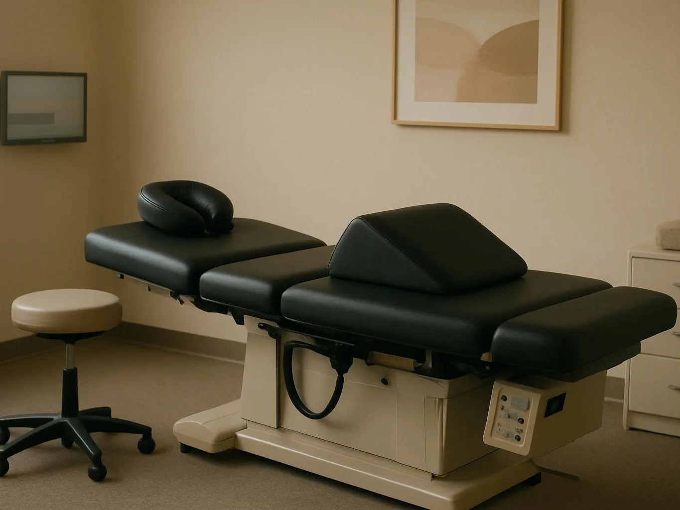 An empty exam room with a black padded treatment table, a rolling stool, and framed wall art