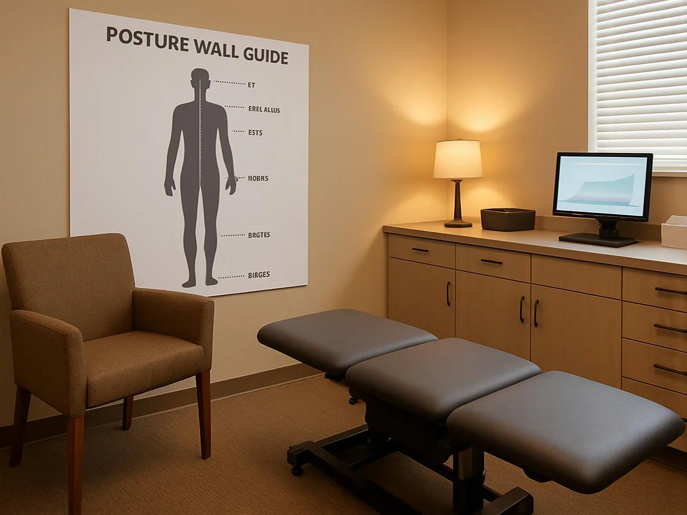 An empty exam room shows a treatment table, chair, lamp, cabinet, computer monitor, and a posture guide poster on the wall