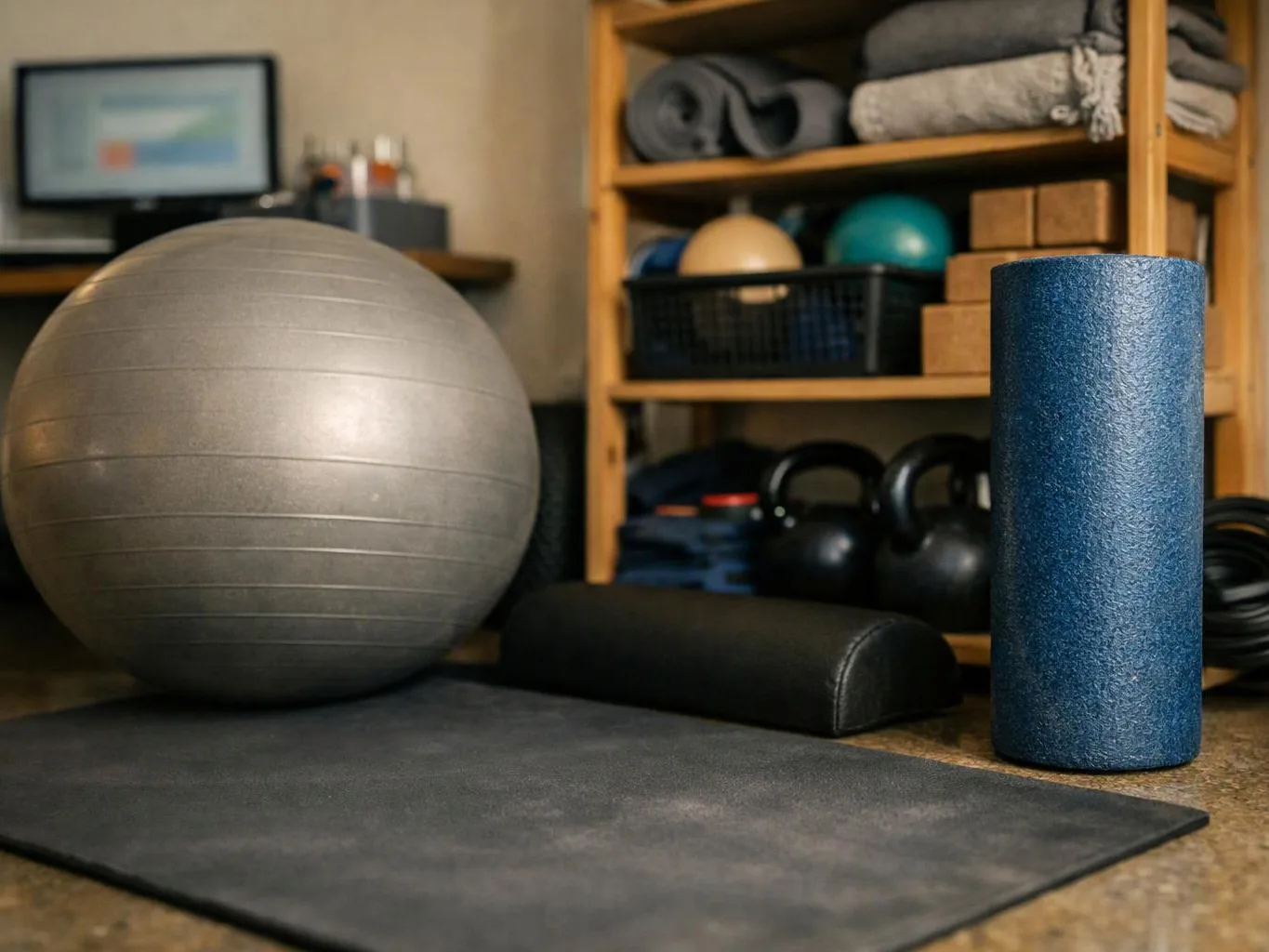 Exercise gear sits on a mat, with a stability ball, foam roller, and kettlebells in a storage room