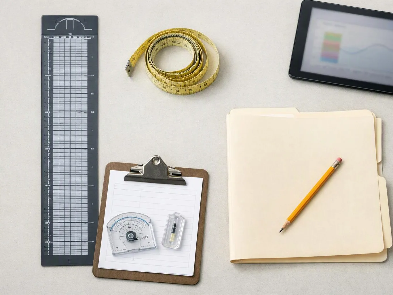 A flat lay shows measuring tools, a clipboard, a pencil on a folder, and a tablet on a light desk
