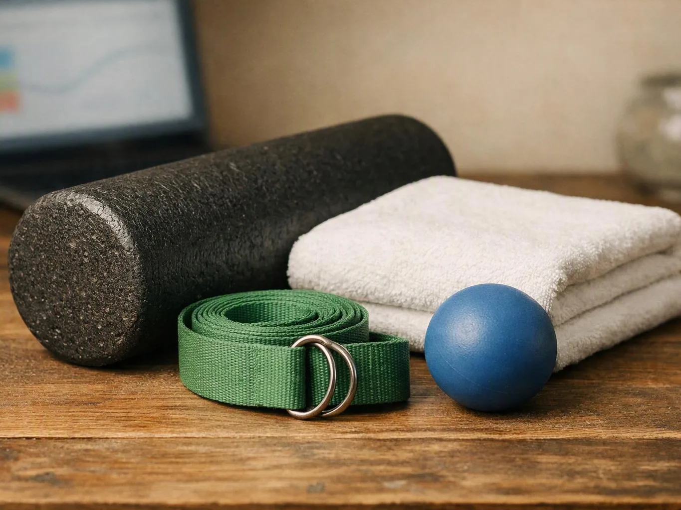 A foam roller, folded white towels, a green strap, and a blue massage ball sit on a wooden table