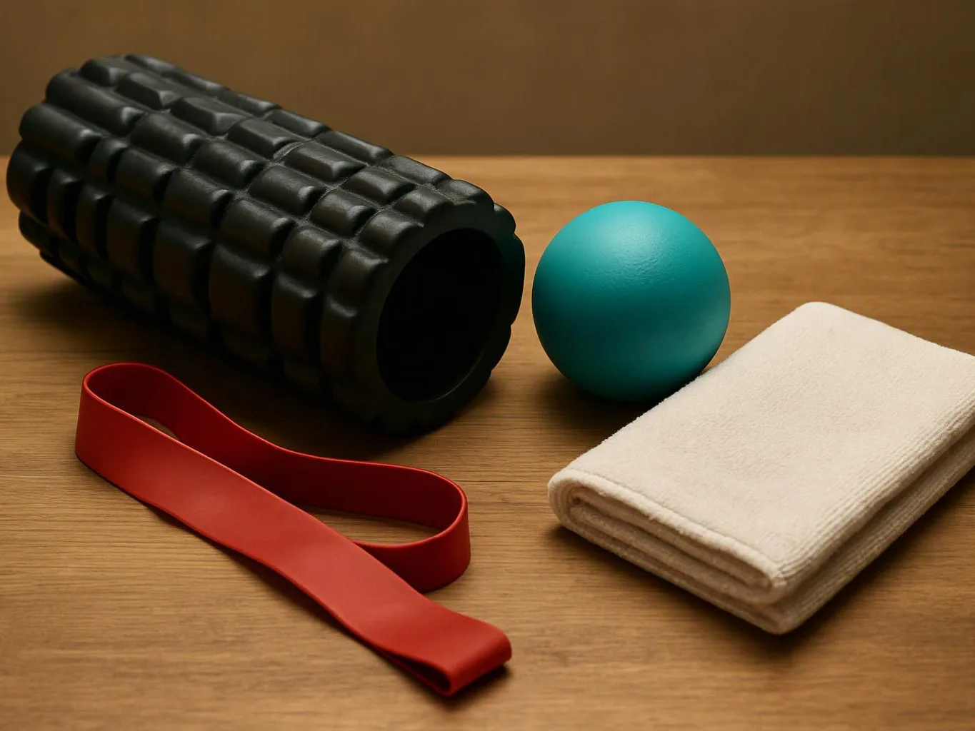 A foam roller, teal massage ball, red resistance band, and folded white towel sit on a wooden table
