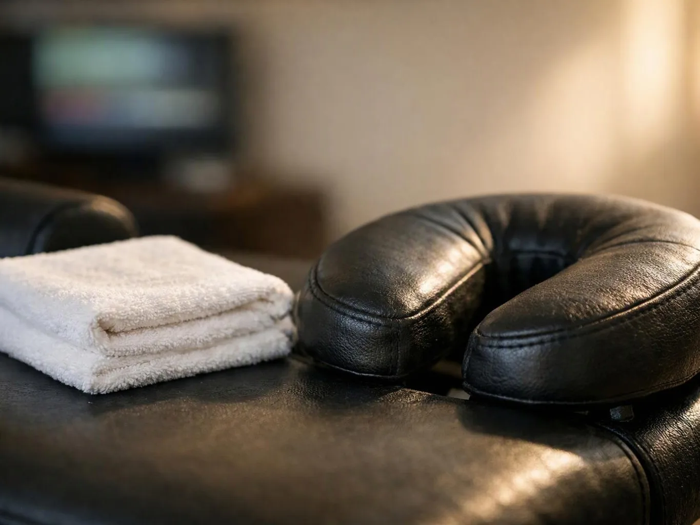 A folded white towel and a black neck pillow rest on a shiny leather chair in a softly lit room