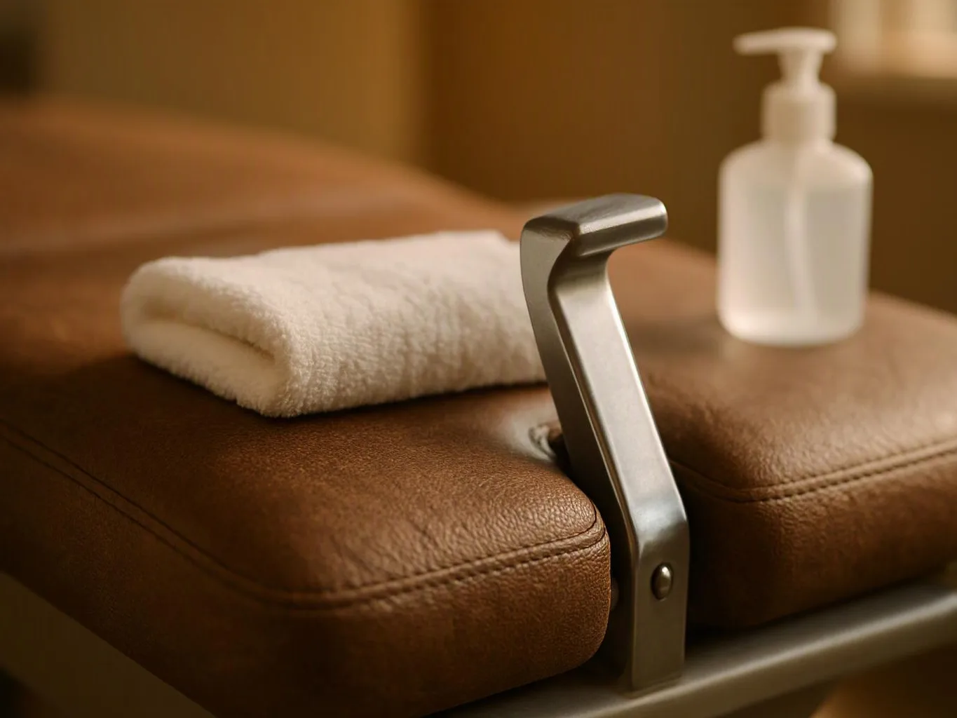 A folded white towel rests on a brown leather massage table beside a pump bottle and metal face support