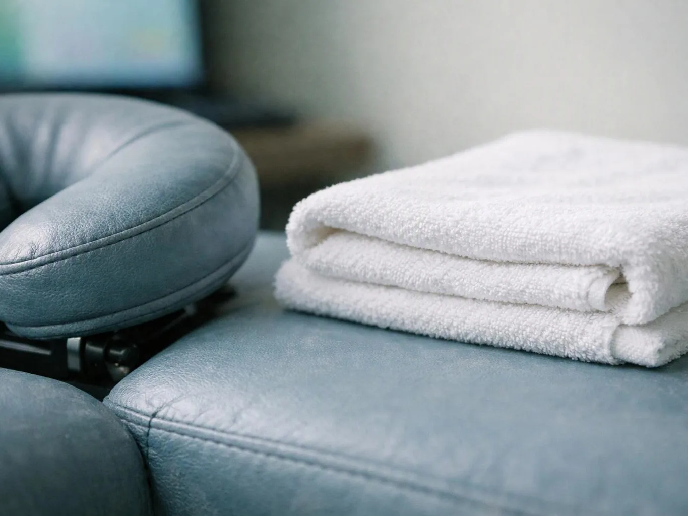 Folded white towels rest on a blue leather chair beside a matching headrest in a quiet room