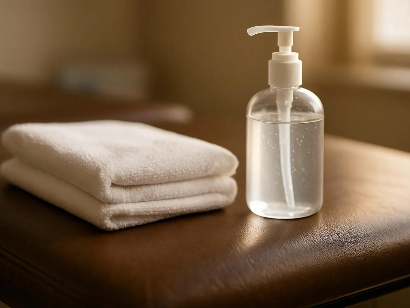 Folded white towels sit beside a clear pump bottle on a brown leather table