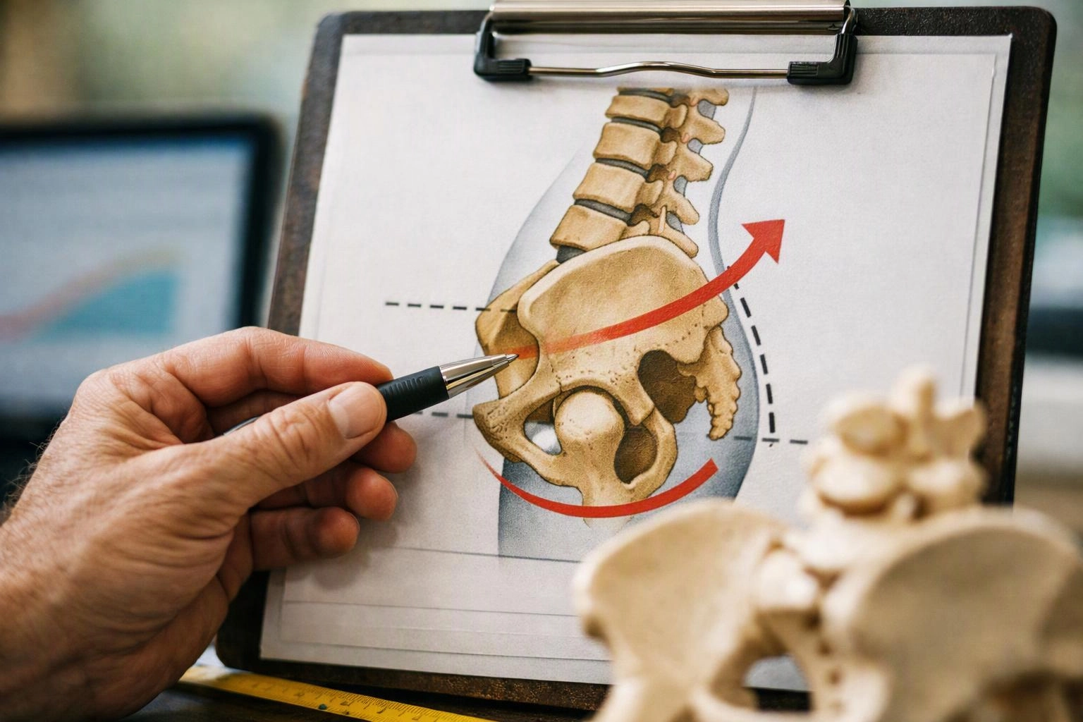 A hand points at a clipboard showing a pelvis and spine diagram with red arrows