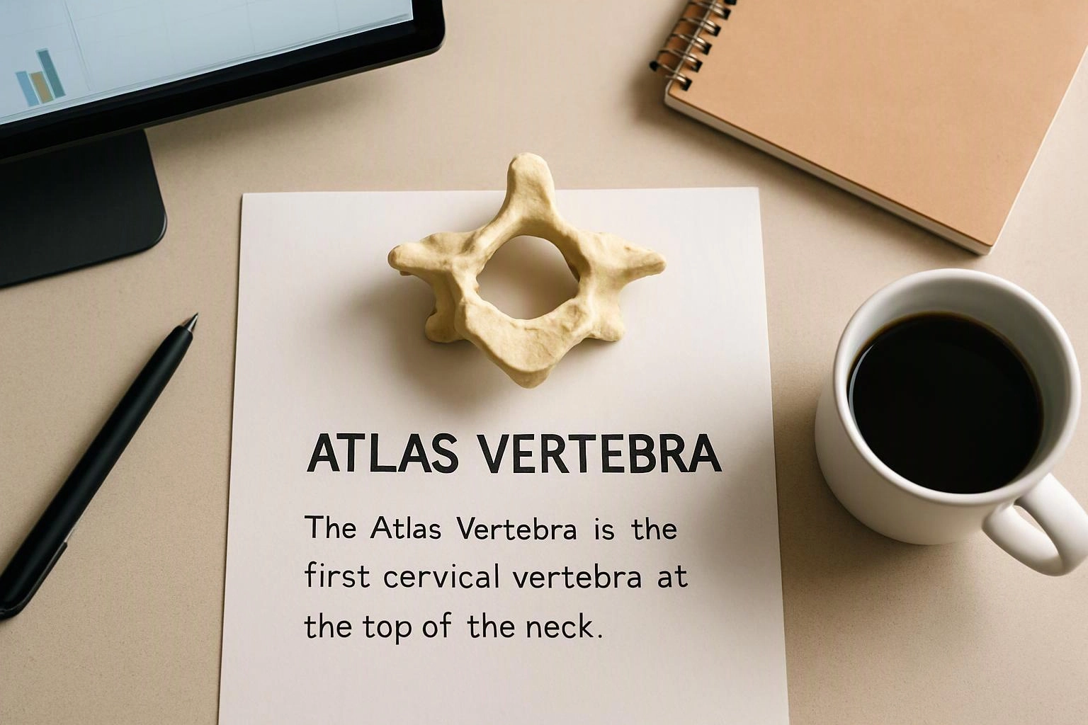 A desk display shows an atlas vertebra model on a page with a coffee cup, pen, notebook, and monitor edges