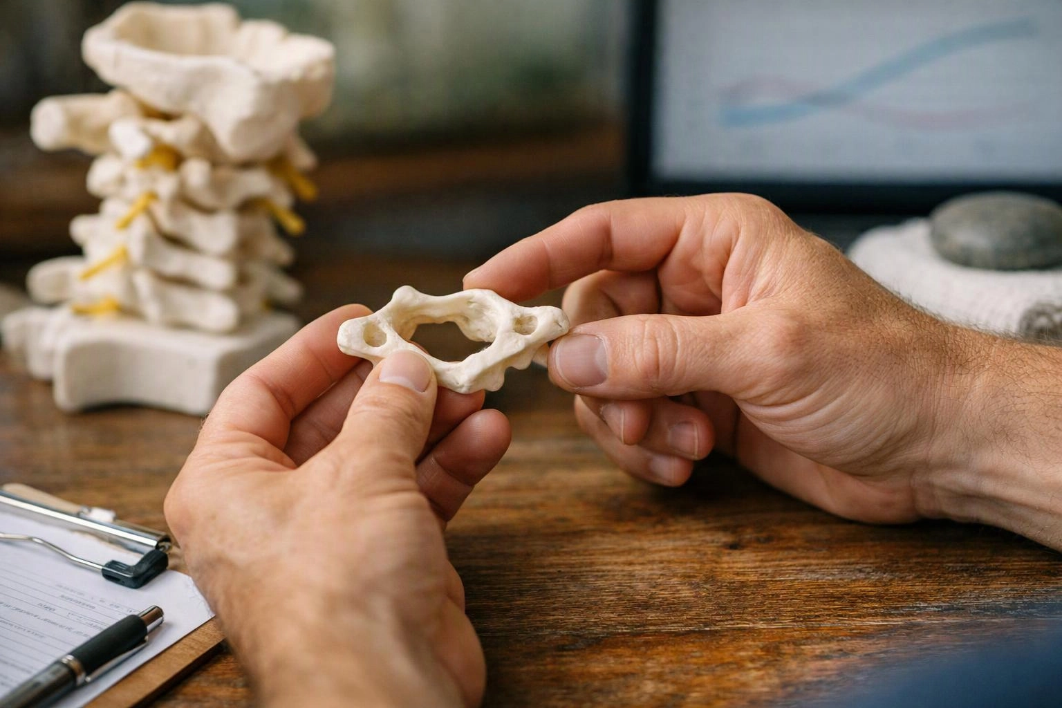 Hands hold a small spine bone model over a wooden desk with a clipboard nearby