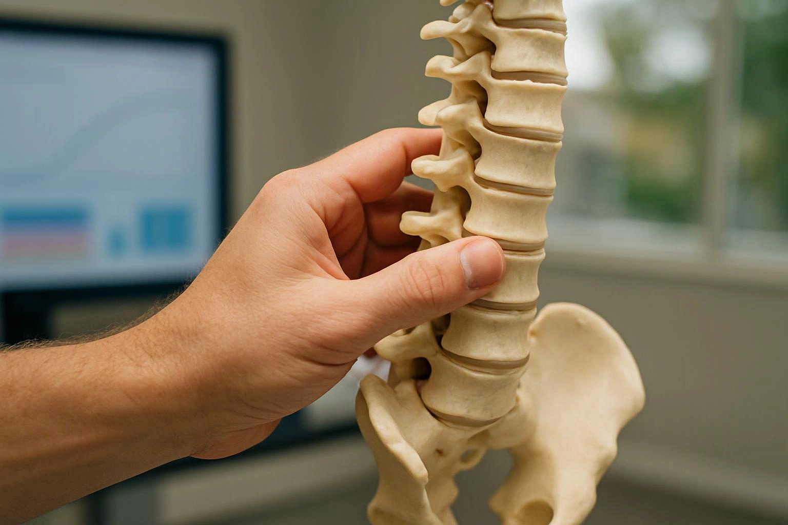 A hand holds a plastic spine model with pelvis bones in a medical office setting