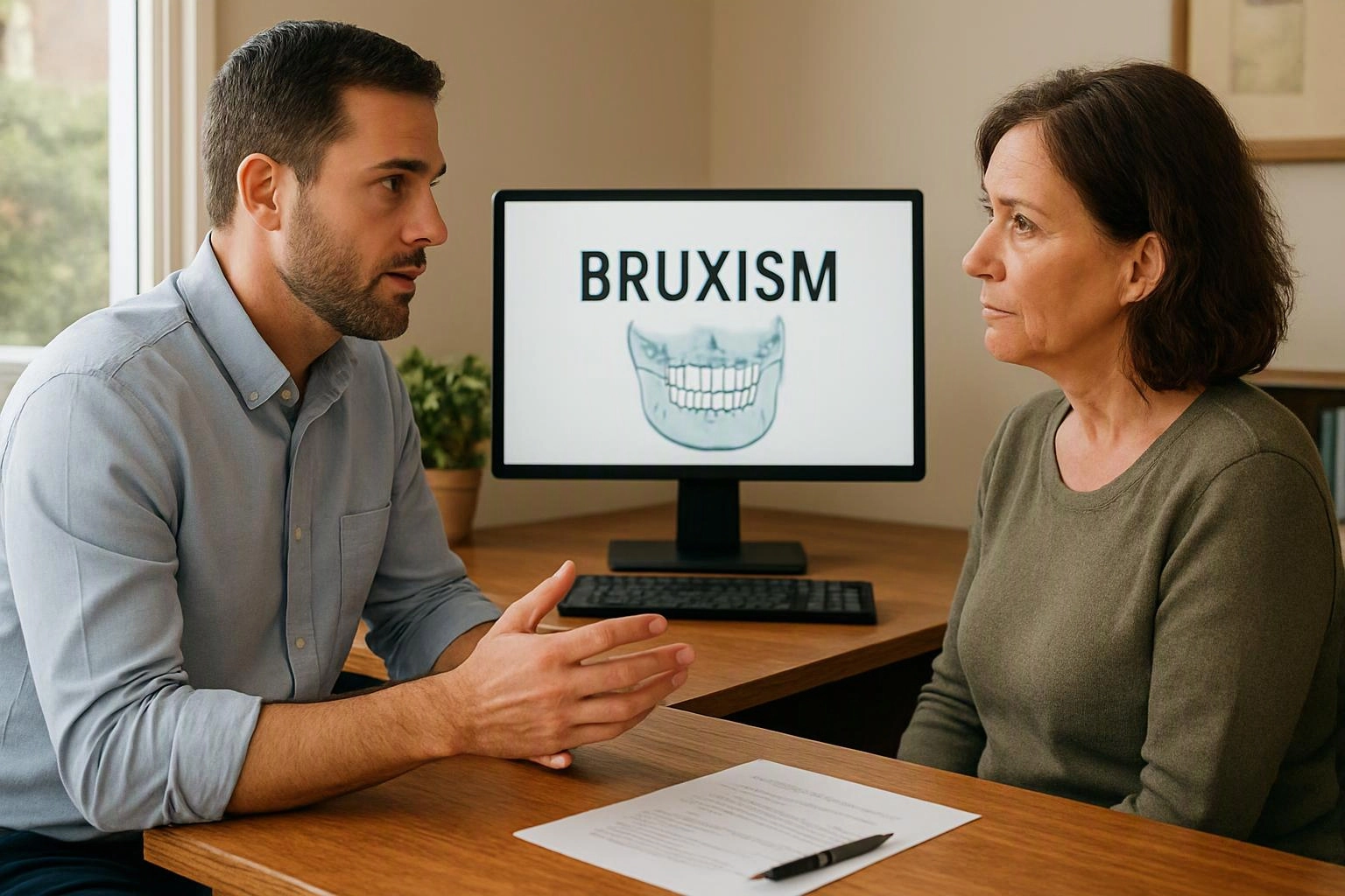 A man talks with a woman at a desk while a monitor behind them shows “BRUXISM” and a jaw diagram