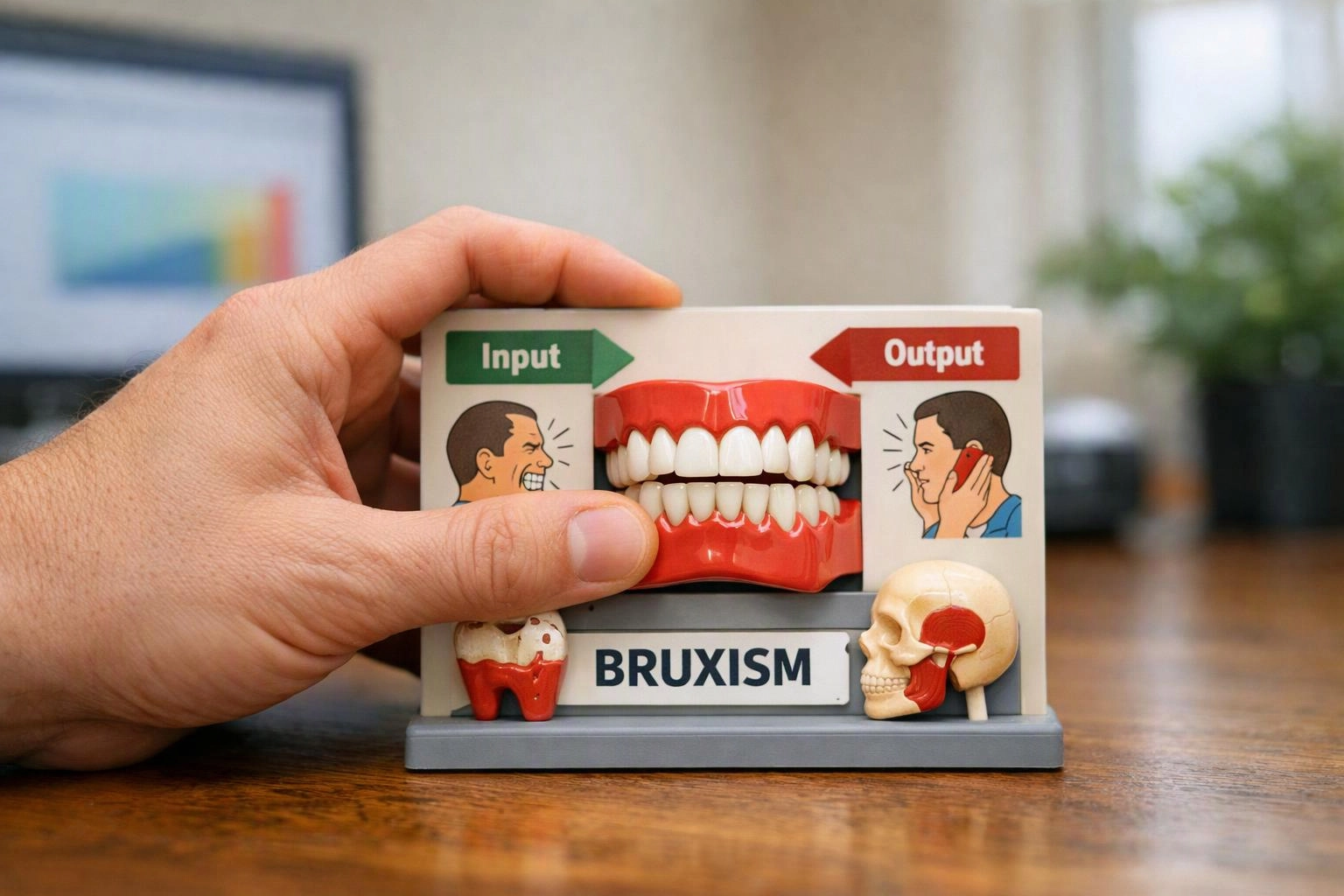 A hand holds a bruxism dental model with teeth, input and output labels, on a wooden table