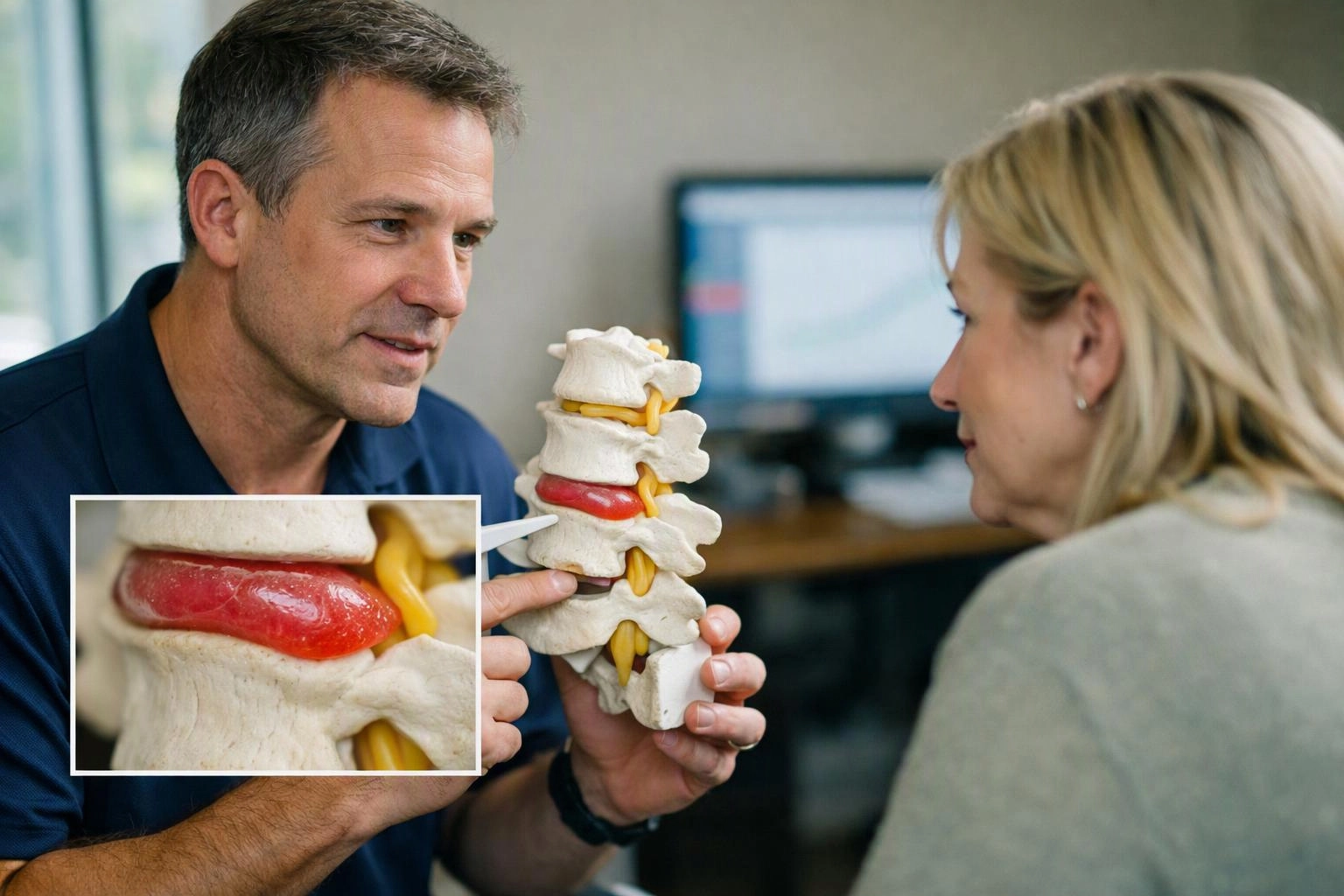 A man shows a woman a spine model with a red disc in an office setting