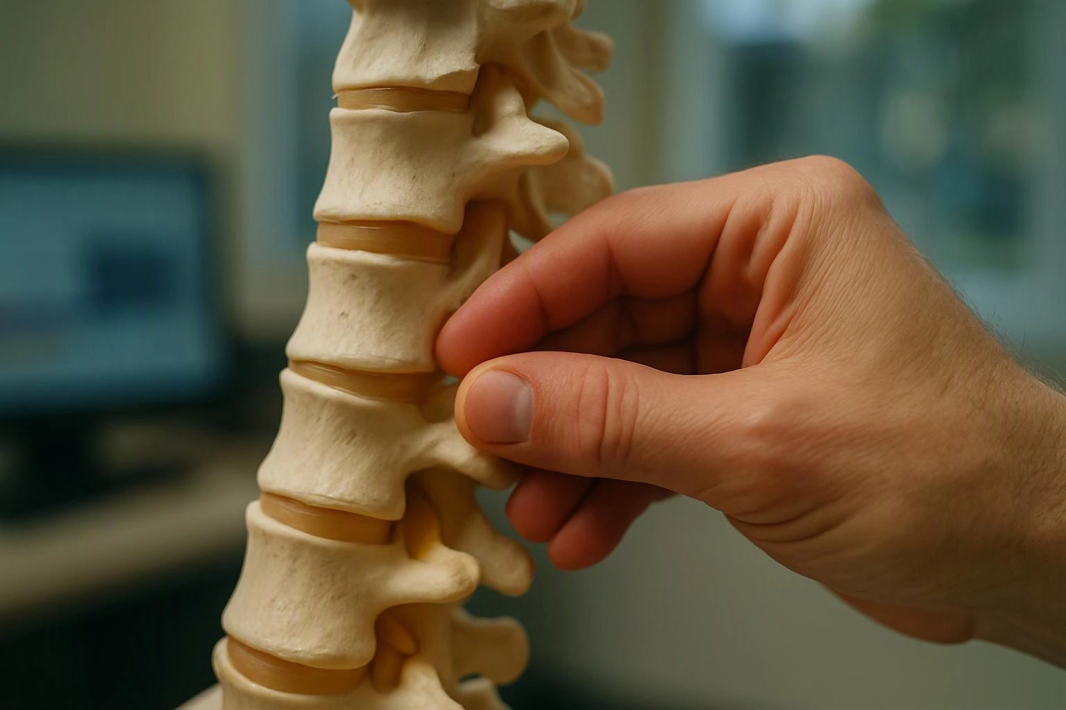 A hand presses on a model spine in a clinical room with blurred equipment in the background
