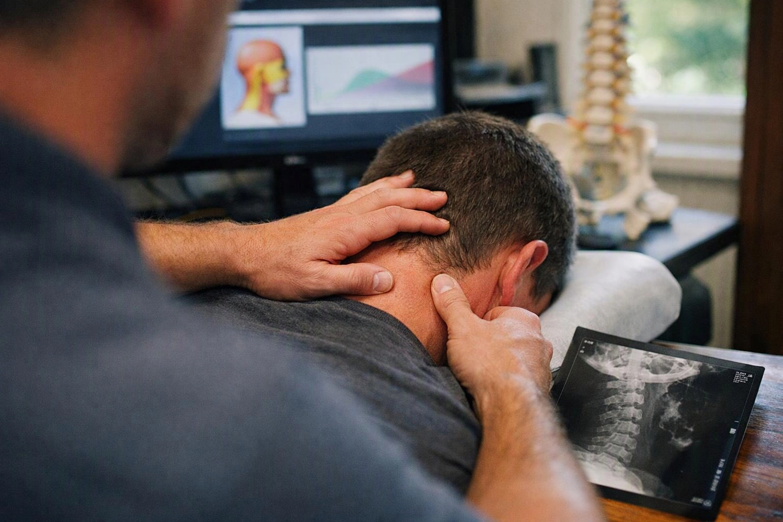 A chiropractor gently adjusts a patient’s neck beside a tablet showing a spine X-ray in a clinic room