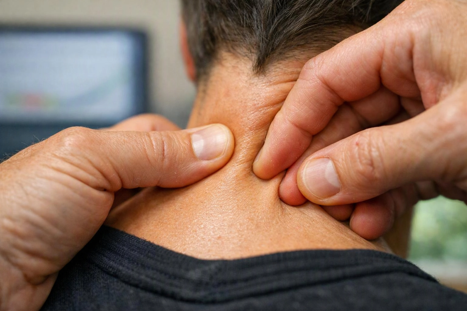 Hands press into the back of a person’s neck during a close-up massage indoors