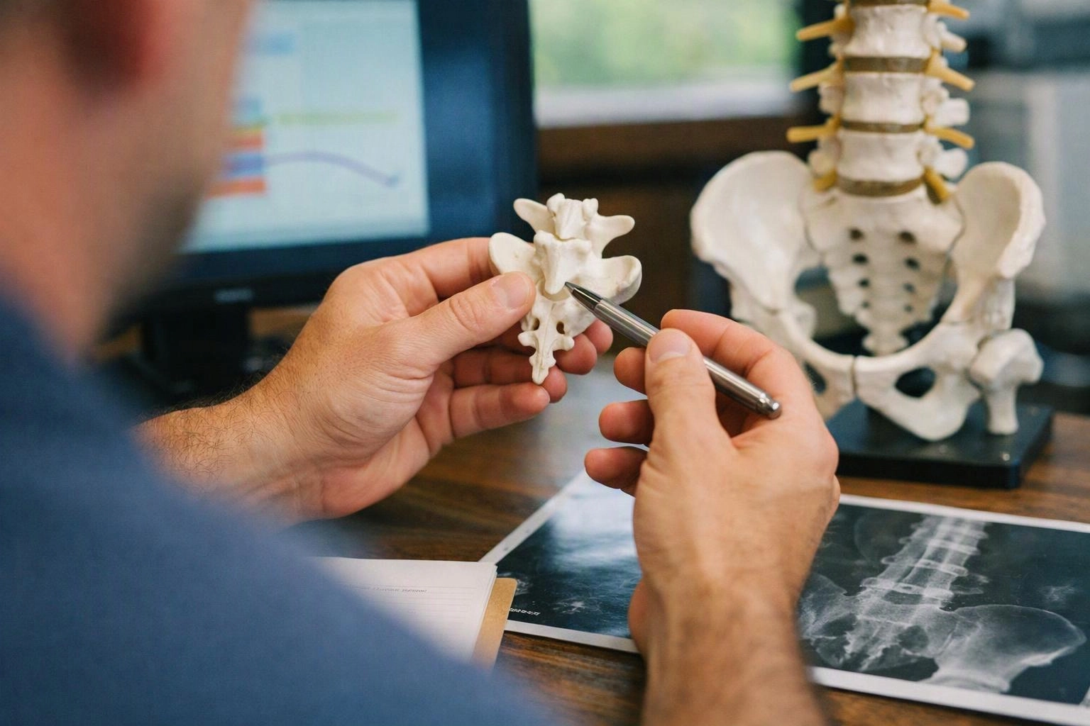 A person points at a small spine model with a pen beside a pelvic skeleton and X-ray images on a desk