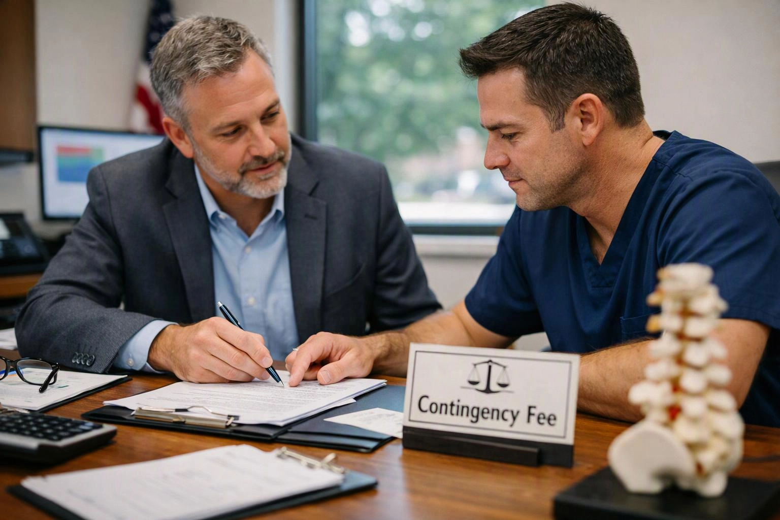 Two men in an office review paperwork together, with a “Contingency Fee” sign on the desk