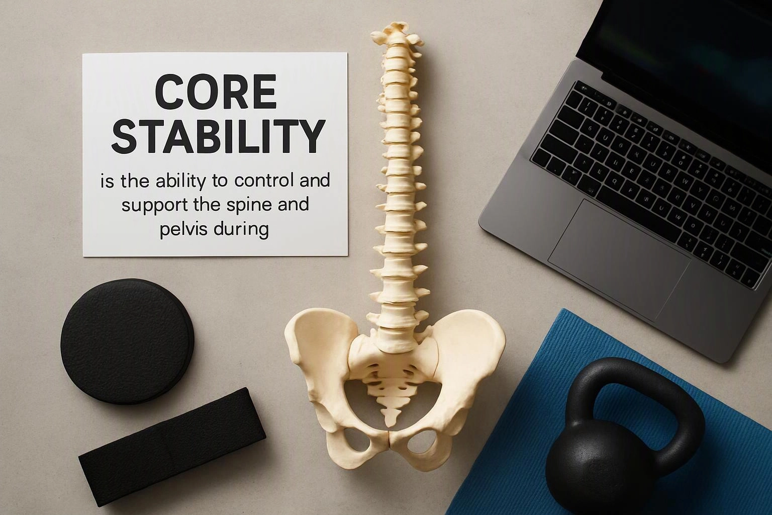 A flat lay shows a spine model, pelvis, laptop, exercise blocks, kettlebell, and a card reading “CORE STABILITY”