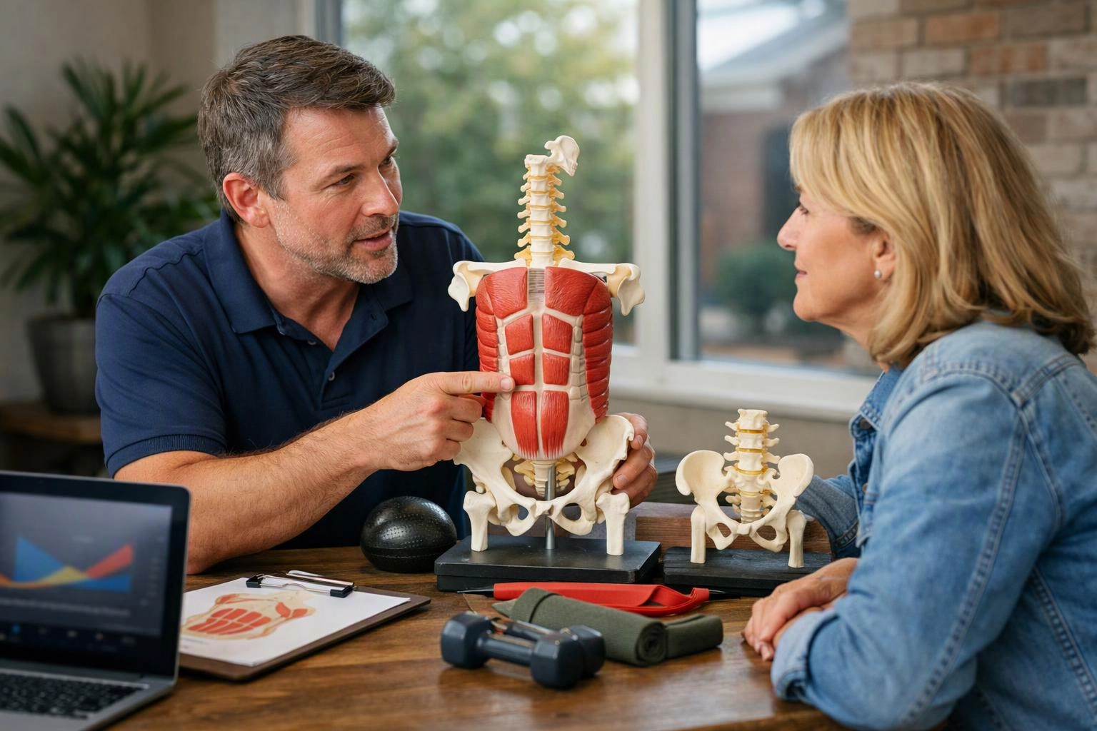 A man points to a spine and muscle model while speaking with a woman at a wooden table in a bright office