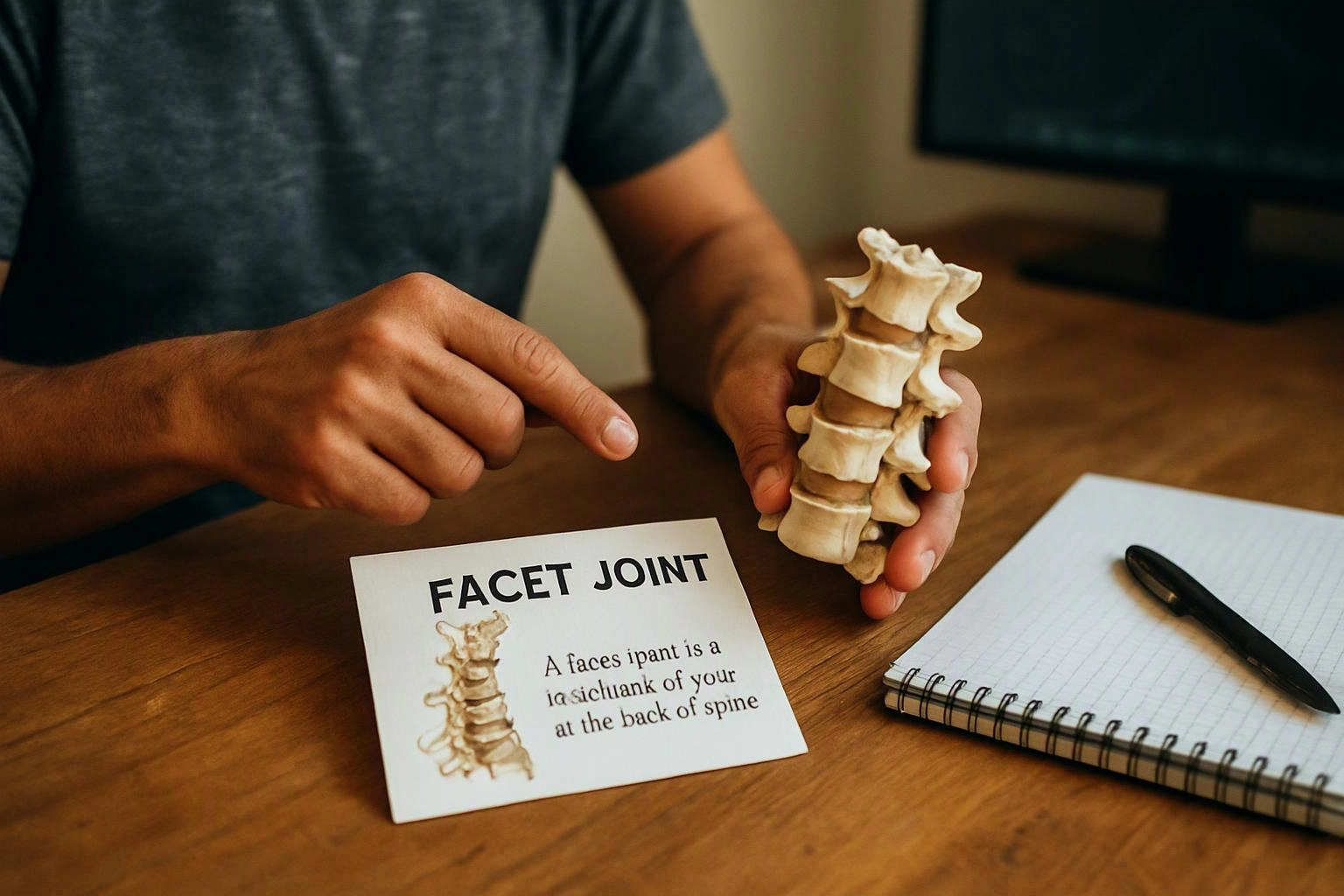 A person points at a spine model beside a card labeled “FACET JOINT” on a wooden desk